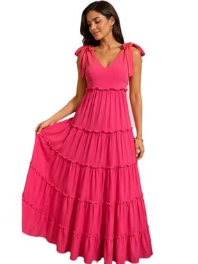 NWT LOVE, BONITO Women’s Sleeveless Tie-Shoulder Pink Tiered Maxi Dress